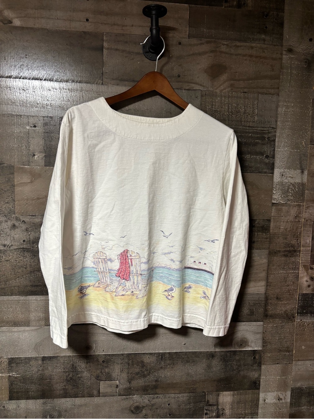 Women's Cream Long Sleeve Tee with Beach Coastal Shoreline Graphic Large
